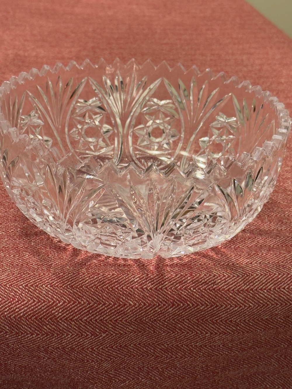 American Brilliant Period glass crystal bowl, hobstar pinwheel sawtooth border